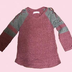 Women’s Maroon (Pink) and Gray Heather 3/4 Sleeve Shirt with Lace Up Shoulders